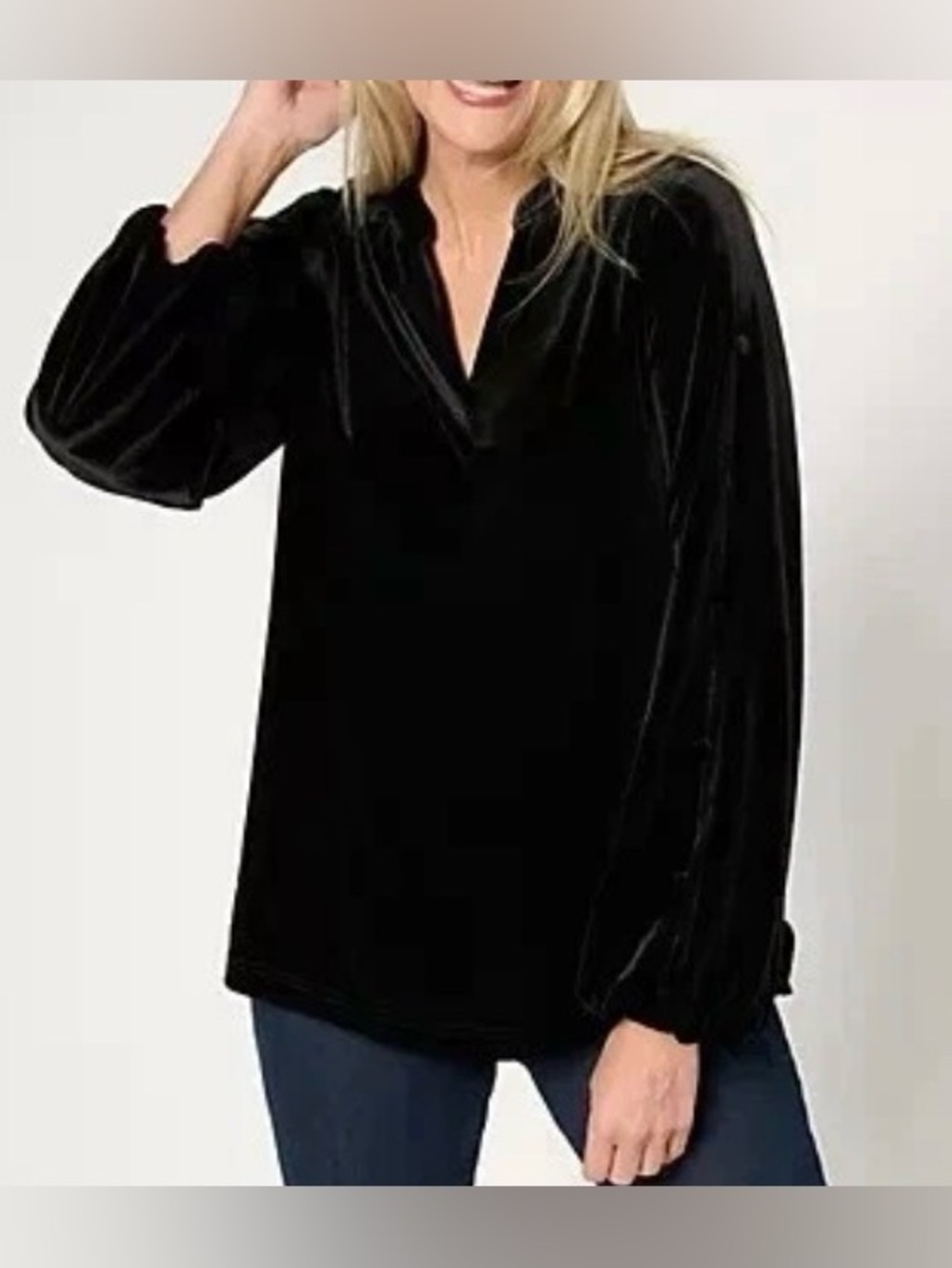 New Belle by Kim Gravel Velvet Button Sleeve Popover top Black Size 1X A670921